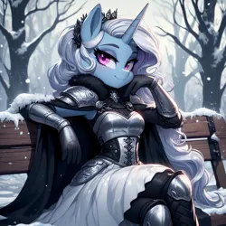 Size: 1024x1024 | Tagged: safe, ai content, derpibooru import, machine learning generated, trixie, anthro, armor, bench, cape, clothes, confident, corset, crossed legs, crown, dress, generator:dall-e 3, gloves, image, jewelry, jpeg, long hair, looking at you, regalia, skirt, smug, snow, tree, winter