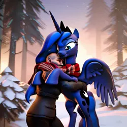 Size: 1148x1148 | Tagged: safe, ai content, derpibooru import, machine learning generated, stable diffusion, princess luna, alicorn, human, clothes, feral, forest, generator:purplesmart.ai, hug, hugging a pony, image, jpeg, nature, scarf, shared clothing, shared scarf, snow, sunrise, sunset, tree, wings