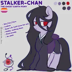 Size: 4096x4096 | Tagged: safe, artist:metaruscarlet, derpibooru import, oc, oc:stalker-chan, earth pony, pony, clothes, dead, earth pony oc, english, gray background, image, kimono (clothing), lesbian pride flag, png, pride, pride flag, reference sheet, simple background