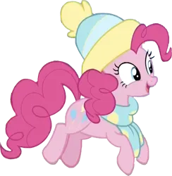 Size: 2455x2520 | Tagged: safe, derpibooru import, edit, edited screencap, editor:homersimpson1983, screencap, pinkie pie, earth pony, pony, background removed, clothes, happy, hat, image, not a vector, png, scarf, solo, winter hat, winter outfit