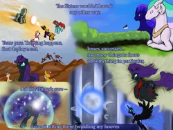 Size: 816x612 | Tagged: safe, artist:sevireth, derpibooru import, nightmare moon, princess celestia, princess luna, oc, oc:nyx, alicorn, dragon, earth pony, pegasus, pony, unicorn, tumblr:nyx contacts, alicorn oc, alternate timeline, alternate universe, blood, dialogue, dragoness, earth pony oc, female, force field, group, horn, image, looking up, male, male and female, mare, nightmare nyx, pegasus oc, png, scar, shield, species swap, stallion, text, tumblr, unicorn oc, wings