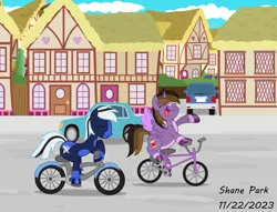 Size: 8500x6501 | Tagged: safe, artist:creedyboy124, derpibooru import, oc, oc:ghostpony, oc:princess kincade, alicorn, pony, bicycle, car, female, image, male, mare, png, stallion, street, together