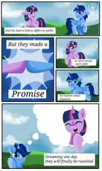 Size: 1200x2000 | Tagged: safe, derpibooru import, twilight sparkle, oc, oc:blue thunder, alicorn, unicorn, comic, hoofbump, image, memories, png, story, travelling, unicorn twilight