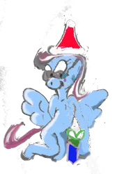 Size: 1056x1601 | Tagged: safe, artist:homeshine, derpibooru import, oc, oc:homeshine, unofficial characters only, pegasus, pony, derpibooru community collaboration, 2024 community collab, blushing, christmas, female, glasses, hat, holiday, image, pegasus oc, png, present, santa hat, simple background, solo, traditional art, transparent background, wings
