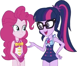 Size: 2940x2520 | Tagged: safe, derpibooru import, edit, edited screencap, editor:homersimpson1983, screencap, pinkie pie, sci-twi, twilight sparkle, human, equestria girls, background removed, bikini, clothes, female, image, not a vector, png, swimsuit