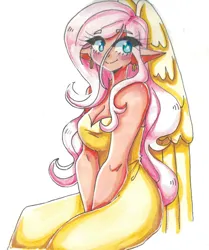 Size: 2070x2480 | Tagged: safe, artist:mylittleyuri, derpibooru import, fluttershy, human, blushing, breasts, busty fluttershy, cleavage, clothes, colored pencil drawing, dress, ear piercing, earring, elf ears, eye clipping through hair, eyebrows, eyebrows visible through hair, female, high res, hooped earrings, humanized, image, jewelry, piercing, png, simple background, sitting, smiling, solo, traditional art, white background, winged humanization, wings