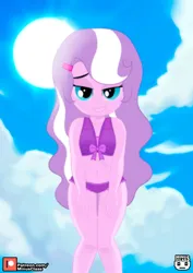 Size: 1131x1600 | Tagged: suggestive, artist:minusclass, derpibooru import, part of a set, diamond tiara, human, equestria girls, g4, 2d, adorasexy, belly button, clothes, cloud, cute, equestria girls-ified, eyeshadow, female, hairclip, humanized, image, jpeg, legs, lidded eyes, looking at you, looking down, looking down at you, loose hair, makeup, midriff, outdoors, patreon, patreon logo, ribbon, ribbon bikini, sexy, sky, smiling, smug, solo, sun, swimsuit