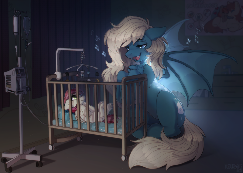 Size: 3508x2500 | Tagged: safe, artist:trickate, derpibooru import, oc, oc:nightingale, unofficial characters only, bat pony, pegasus, pony, bat wings, bioluminescent, chest fluff, crib, fear, female, foal, hospital, image, iv drip, lullaby, mare, music notes, nursery, png, singing, wings