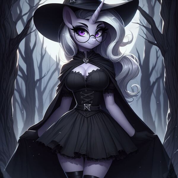 Size: 1024x1024 | Tagged: safe, ai content, derpibooru import, machine learning generated, oc, unofficial characters only, anthro, unicorn, anthro oc, breasts, cape, cleavage, clothes, dress, forest, generator:bing image creator, generator:dall-e 3, glasses, gloves, hat, horn, image, jpeg, long hair, looking at you, minidress, nature, night, outdoors, round glasses, smiling, smiling at you, socks, solo, thigh highs, tree, unicorn oc, witch costume, witch hat, zettai ryouiki