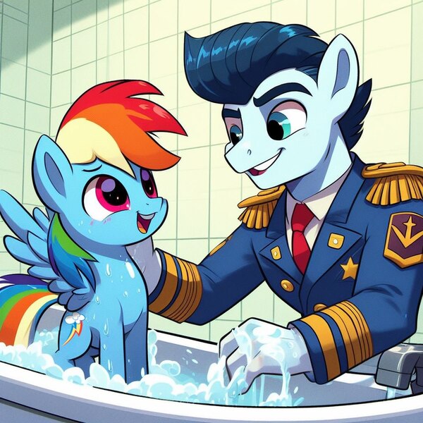 Size: 1024x1024 | Tagged: safe, ai content, derpibooru import, machine learning generated, rainbow dash, soarin', anthro, bath, bubble, cute, dashabetes, dress uniform, image, jpeg, washing