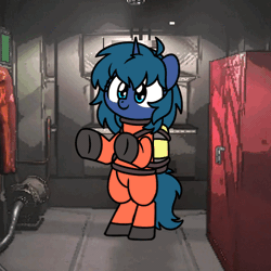 Size: 600x600 | Tagged: safe, artist:sugar morning, derpibooru import, oc, oc:arclight, unicorn, air tank, animated, bipedal, clothes, gif, harness, hazmat suit, image, lethal company, shoes, solo, tack
