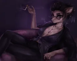 Size: 1920x1528 | Tagged: suggestive, artist:alicesmitt31, derpibooru import, oc, unofficial characters only, anthro, earth pony, absolute cleavage, anthro oc, breasts, cigarette, cleavage, clothes, couch, dreads, earth pony oc, female, glasses, image, jewelry, looking at you, lying down, png, solo
