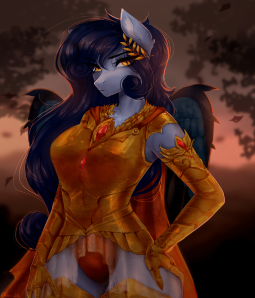Size: 1920x2240 | Tagged: suggestive, artist:alicesmitt31, derpibooru import, oc, oc:tundra, unofficial characters only, anthro, pegasus, anthro oc, armor, female, golden armor, image, laurel, looking at you, pegasus oc, png, ruby, solo, wings
