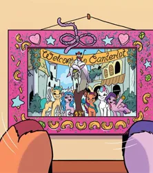 Size: 750x845 | Tagged: safe, derpibooru import, idw, discord, hitch trailblazer, izzy moonbow, pipp petals, sunny starscout, zipp storm, draconequus, earth pony, opossum, pegasus, pony, unicorn, g5, spoiler:comic, spoiler:g5comic, spoiler:g5comic10, canterlot, emanata, female, good end, group, group photo, image, jpeg, male, mane five, mane stripe sunny, mare, old man discord, older, picture frame, reginald fursome, stallion, unshorn fetlocks