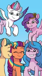 Size: 732x1334 | Tagged: safe, artist:abigail starling, derpibooru import, idw, hitch trailblazer, izzy moonbow, pipp petals, sunny starscout, zipp storm, earth pony, pegasus, pony, unicorn, g5, spoiler:comic, spoiler:g5comic, spoiler:g5comic15, bag, colored wings, eyes closed, gradient background, grin, group, image, jpeg, mane five, mane stripe sunny, multicolored wings, quintet, saddle bag, smiling, spread wings, unshorn fetlocks, wings
