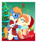 Size: 4333x5000 | Tagged: safe, artist:jhayarr23, derpibooru import, oc, oc:rozyfly, oc:sunshine drift, bat pony, pegasus, pony, bat pony oc, bat wings, blushing, christmas, christmas tree, clothes, commission, ear fluff, female, happy holidays, hat, holiday, image, male, mare, mistletoe, oc x oc, png, santa hat, santa sack, shipping, smiling, stallion, straight, tree, wings, ych result