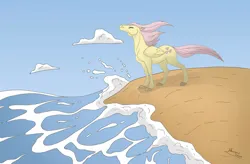 Size: 1024x672 | Tagged: safe, artist:skyqeen, derpibooru import, fluttershy, pegasus, pony, 2011, beach, closed mouth, cloud, colored hooves, eyes closed, female, folded wings, hoers, image, jpeg, mare, ocean, sky, smiling, standing, water, wind, windswept mane, wings