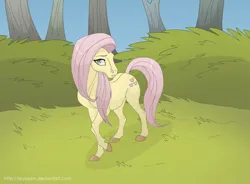 Size: 1024x755 | Tagged: safe, artist:skyqeen, derpibooru import, fluttershy, pegasus, pony, 2011, bush, colored hooves, female, grass, hoers, image, jpeg, mare, raised hoof, shy, solo, standing, tree, wingless, wrong eye color