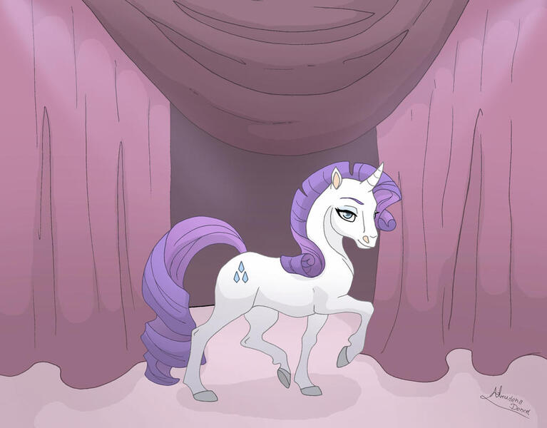 Size: 1024x801 | Tagged: safe, artist:skyqeen, derpibooru import, rarity, pony, unicorn, 2011, colored hooves, curtains, eyes closed, female, hoers, image, jpeg, lidded eyes, mare, raised hoof, smiling, solo, standing, standing on two hooves