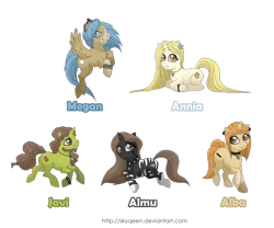 Size: 1280x1065 | Tagged: safe, artist:almairis, artist:skyqeen, derpibooru import, oc, oc:alba, oc:almu, oc:annia, oc:javi, oc:megan, unofficial characters only, pegasus, pony, unicorn, beard, blaze (coat marking), bracelet, choker, coat markings, commission, curved horn, ear piercing, earring, facial hair, facial markings, female, flower, flower in hair, freckles, group, horn, image, jewelry, lip piercing, male, mare, mealy mouth (coat marking), necklace, piercing, png, ponysona, quintet, simple background, snake bites, socks (coat marking), spiked choker, stallion, stripes, transparent background