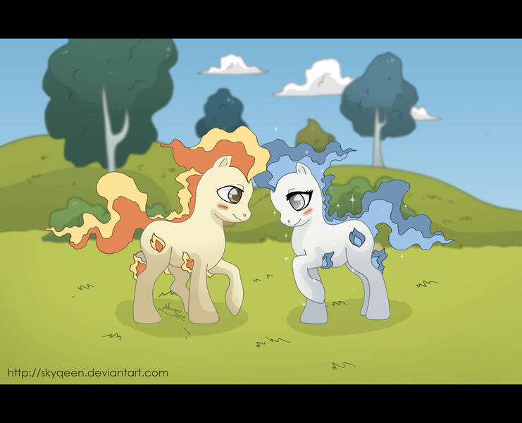 Size: 1024x829 | Tagged: safe, artist:skyqeen, derpibooru import, ponified, earth pony, pony, rapidash, 2011, blush lines, blushing, bush, cloud, crossover, duo, female, fiery mane, fiery tail, grass, image, jpeg, letterboxing, male, pokémon, raised hoof, shiny pokémon, shipping, sky, sparkly, standing, straight, tree