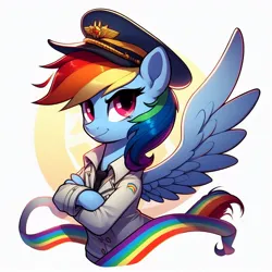 Size: 1024x1024 | Tagged: safe, ai content, derpibooru import, machine learning generated, rainbow dash, crossed legs, dress uniform, hat, image, jpeg