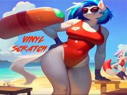 Size: 1024x768 | Tagged: suggestive, ai content, machine learning generated, stable diffusion, vinyl scratch, anthro, unicorn, baywatch, beach, breasts, buoy, busty vinyl scratch, clothes, hand on hip, image, lifeguard, lifeguard vinyl scratch, one-piece swimsuit, png, seductive pose, sexy, smiling, solo, sunglasses, swimsuit