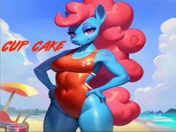 Size: 1024x768 | Tagged: suggestive, ai content, machine learning generated, stable diffusion, cup cake, anthro, earth pony, baywatch, beach, breasts, busty cup cake, clothes, female, hands on hip, image, lifeguard, lifeguard cup cake, milf, one-piece swimsuit, png, seductive pose, sexy, smiling, solo, swimsuit