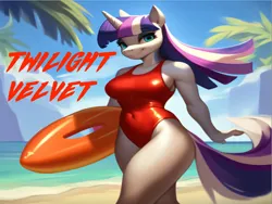 Size: 1024x768 | Tagged: suggestive, ai content, machine learning generated, stable diffusion, twilight velvet, anthro, unicorn, baywatch, beach, breasts, buoy, busty twilight velvet, clothes, female, image, lifeguard, lifeguard twilight velvet, milf, one-piece swimsuit, png, seductive pose, sexy, smiling, solo, swimsuit, walking