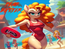 Size: 1024x768 | Tagged: suggestive, ai content, machine learning generated, stable diffusion, pear butter, anthro, earth pony, baywatch, beach, breasts, buoy, busty pear butter, clothes, female, image, lifeguard, lifeguard pear butter, milf, one-piece swimsuit, png, running, seductive look, sexy, smiling, solo, swimsuit