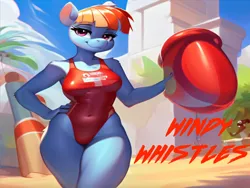 Size: 1024x768 | Tagged: suggestive, ai content, machine learning generated, stable diffusion, windy whistles, anthro, pegasus, baywatch, beach, breasts, buoy, busty windy whistles, clothes, female, flirty, hand on hip, image, lifeguard, lifeguard windy whistles, milf, one-piece swimsuit, png, seductive pose, sexy, smiling, solo, swimsuit, watch tower