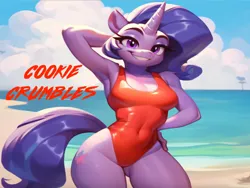 Size: 1024x768 | Tagged: suggestive, ai content, machine learning generated, stable diffusion, cookie crumbles, anthro, unicorn, baywatch, beach, breasts, busty cookie crumbles, clothes, female, flirty, image, lifeguard, lifeguard cookie crumbles, milf, one-piece swimsuit, png, seductive pose, sexy, smiling, solo, swimsuit