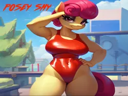 Size: 1024x768 | Tagged: safe, ai content, machine learning generated, stable diffusion, posey shy, anthro, pegasus, baywatch, beach, breasts, busty posey shy, clothes, female, flirty, glasses off, hand on head, hand on hip, image, lifeguard, lifeguard posey shy, milf, one-piece swimsuit, png, seductive pose, sexy, smiling, solo, swimsuit