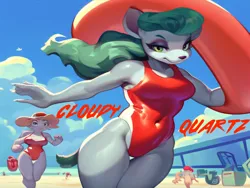Size: 1024x768 | Tagged: suggestive, ai content, machine learning generated, stable diffusion, cloudy quartz, anthro, earth pony, baywatch, beach, breasts, buoy, busty cloudy quartz, clothes, female, glasses off, image, lifeguard, lifeguard cloudy quartz, milf, one-piece swimsuit, png, running, seductive look, sexy, smiling, solo, swimsuit