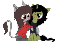 Size: 1123x794 | Tagged: safe, artist:cactuscruncher, derpibooru import, ponified, hybrid, pony, unicorn, .svg available, :p, behaving like a cat, black hair, black mane, blue eyes, blushing, brown hair, brown mane, chest fluff, clothes, colored belly, colored wings, colored wingtips, derpibooru exclusive, duo, ear fluff, emo, facial piercing, floppy ears, folded wing, frown, furrowed brow, gray coat, green coat, grooming, half-sphinx, hoodie, hug, image, licking, lidded eyes, looking at someone, male, nicholas ruffilo, noah sebastian, nose piercing, one eye closed, paws, piercing, png, red eyes, septum piercing, sharp teeth, shirt, simple background, sitting, slit pupils, smiling, stallion, teeth, tongue bath, tongue out, transparent background, unamused, vector, winghug, wings