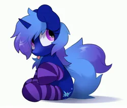 Size: 3528x3006 | Tagged: safe, artist:mochi_nation, derpibooru import, oc, unofficial characters only, pony, unicorn, clothes, commission, image, jpeg, simple background, sitting, socks, solo, striped socks, tongue out, white background