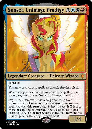 Size: 375x523 | Tagged: safe, artist:bluse, derpibooru import, edit, idw, sunset shimmer, pony, unicorn, spoiler:comic, spoiler:comicannual2013, ccg, female, fiery shimmer, fire, g4, idw showified, image, magic mirror, magic the gathering, png, scene interpretation, show accurate, solo, trading card, trading card edit, trading card game, wings