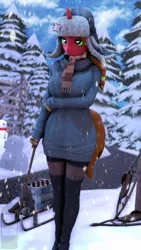 Size: 2160x3840 | Tagged: safe, artist:alcohors, derpibooru import, oc, oc:essy ferguson, unofficial characters only, anthro, 3d, alcohol, annoyed, beer, clothes, forest, image, jpeg, nature, scarf, snow, snowfall, solo, striped scarf, tree