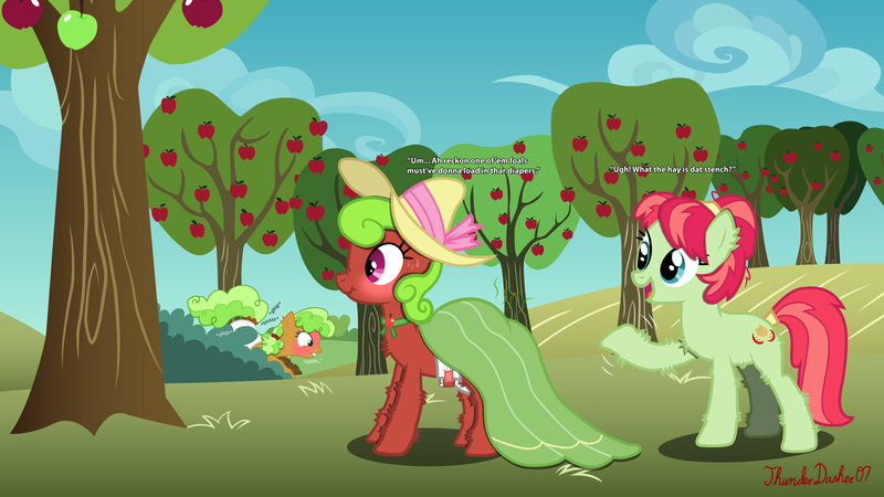 Size: 2880x1620 | Tagged: questionable, artist:thunderdasher07, derpibooru import, apple brown betty, apple dumpling, earth pony, pony, accent, apple, apple family member, apple orchard, apple tree, blushing, blushing profusely, bush, chest fluff, clothes, dialogue, diaper, diaper fetish, diaper under clothes, diaper usage, dress, duo focus, ear fluff, face down ass up, female, fetish, food, g4, hat, headband, hiding, hoof fluff, image, leg fluff, maple apple, mare, messy diaper, non-baby in diaper, onomatopoeia, orchard, peeing in diaper, pigtails, pinpoint eyes, png, poofy diaper, poop, pooping, pooping in diaper, poopy diaper, raised hoof, scrunchy face, shrunken pupils, stink lines, sweat, sweatdrop, sweet apple acres, tail, tail wrap, talking, tree, trio, waving, wet diaper, wide eyes