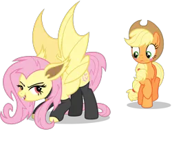 Size: 2239x1883 | Tagged: suggestive, artist:pinfeather, derpibooru import, applejack, fluttershy, bat pony, earth pony, pegasus, arm warmers, bat ponified, bat wings, blushing, clothes, collar, duo, duo female, fangs, female, flutterbat, image, png, presenting, race swap, red eyes, simple background, socks, teasing, transparent background, vector, wings