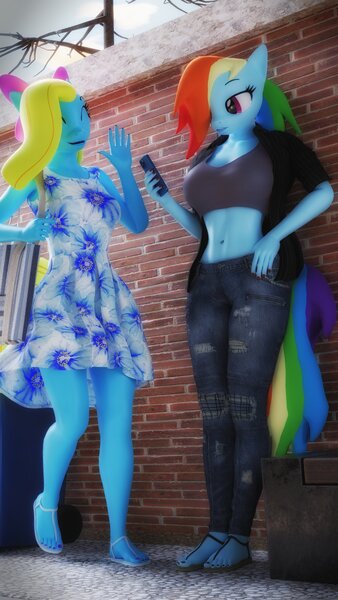 Size: 2160x3840 | Tagged: questionable, artist:artempredator, derpibooru import, rainbow dash, oc, oc:cuteamena, oc:electric blue, anthro, earth pony, pegasus, unicorn, belly button, bow, breasts, brick wall, busty rainbow dash, clothes, denim, dressup, earth pony oc, eyes closed, feet, female, fetish, fingernails, foot fetish, hair bow, horn, image, jeans, jpeg, legs, micro, midriff, mobile phone, nail polish, open mouth, outdoors, pants, phone, pockets, sandals, sleeveless, smartphone, toenail polish, toes, unicorn oc, waving, zipper