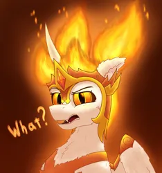 Size: 2058x2200 | Tagged: safe, artist:gosha305, derpibooru import, daybreaker, alicorn, pony, alternate hairstyle, bust, cheek fluff, chest fluff, crown, curved horn, dialogue, ear fluff, eyebrows, fangs, female, fire, g4, gem, gradient background, helmet, high res, horn, image, jewelry, looking at you, mane of fire, mare, pigtails, png, portrait, raised eyebrow, regalia, slit pupils, solo, teeth, wings