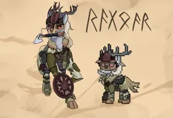 Size: 1657x1130 | Tagged: safe, artist:dvfrost, derpibooru import, oc, oc:ragnar, unofficial characters only, deer, fallout equestria, pony town, antlers, armor, ashes town, ashes town skin, axe, barbarian, grenades, headcanon, helmet, homemade grenades, image, pixel art, png, shield, skin, skull mask, viking, weapon