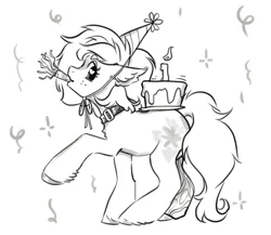 Size: 3857x3346 | Tagged: safe, artist:opalacorn, derpibooru import, oc, oc:daylily crescent, unofficial characters only, earth pony, pony, birthday cake, cake, female, food, freckles, grayscale, hat, image, jpeg, mare, monochrome, mouth hold, party hat, party horn, simple background, solo, unshorn fetlocks, white background