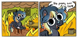 Size: 2400x1194 | Tagged: safe, artist:opalacorn, derpibooru import, oc, oc:sky blast, unofficial characters only, pegasus, pony, 2 panel comic, bandaid, bandaid on nose, coffee mug, comic, commission, dialogue, female, fire, image, jpeg, mare, mug, open mouth, open smile, smiling, smoke, solo, speech bubble, this is fine, ych result