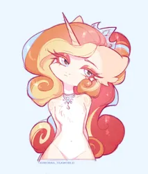 Size: 1700x2000 | Tagged: safe, artist:avroras_world, derpibooru import, oc, unofficial characters only, anthro, pony, unicorn, arm behind back, big ears, breasts, crown, featureless breasts, featureless crotch, female, floppy ears, head tilt, image, jewelry, jpeg, lidded eyes, light blue background, mare, necklace, regalia, simple background, solo