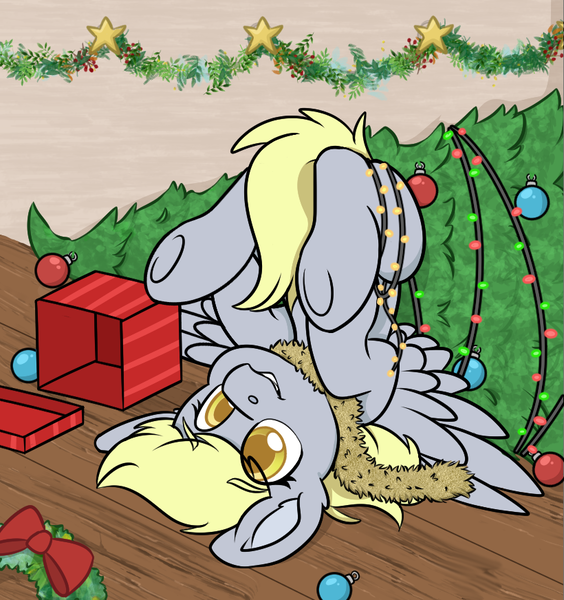 Size: 820x872 | Tagged: safe, derpibooru import, derpy hooves, pegasus, christmas, christmas lights, christmas tree, christmas wreath, commission, cute, decoration, derp, floor, holiday, image, lights, png, present, raised hoof, smiling, solo, stars, tail, tinsel, tree, upside down, wall, wooden floor, wreath, ych example, your character here
