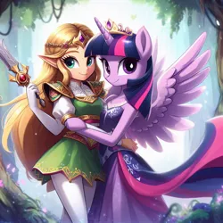 Size: 1024x1024 | Tagged: safe, ai content, artist:user15432, derpibooru import, machine learning generated, prompter:user15432, twilight sparkle, twilight sparkle (alicorn), alicorn, anthro, human, hylian, clothes, crossover, crown, dress, generator:bing image creator, hug, image, jewelry, jpeg, looking at you, princess zelda, regalia, smiling, sword, the legend of zelda, tree, weapon