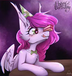 Size: 2044x2160 | Tagged: safe, artist:glotasha, derpibooru import, oc, oc:ellie berryheart, unofficial characters only, pegasus, pony, abstract background, birthday, black eyeshadow, blushing, bowtie, cake, cap, ear fluff, eyeshadow, female, food, g4, green eyes, hat, heart, heart eyes, human shoulders, image, jpeg, long ears, long eyelashes, makeup, solo, table, tongue out, wingding eyes, wings