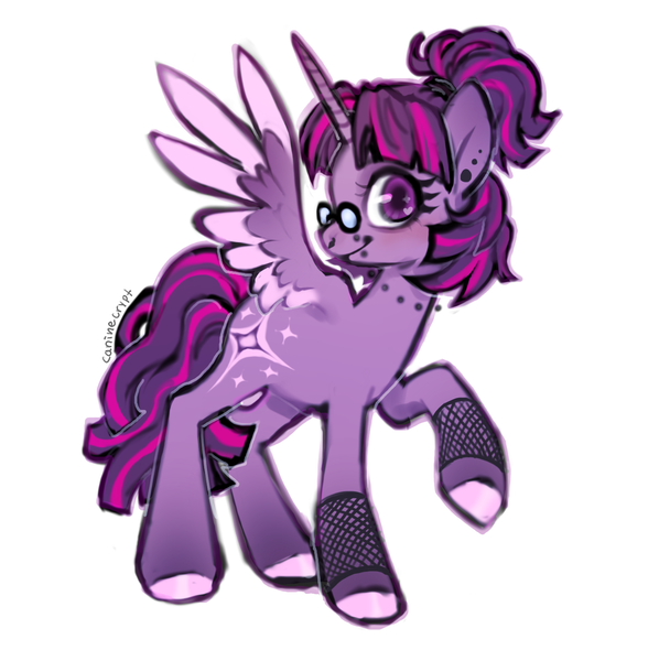 Size: 1495x1500 | Tagged: safe, artist:caninecrypt, derpibooru import, twilight sparkle, twilight sparkle (alicorn), alicorn, pony, alternate cutie mark, alternate design, alternate hairstyle, alternative, ear piercing, fishnets, glasses, image, piercing, png, simple background, solo, twitterina design, white background